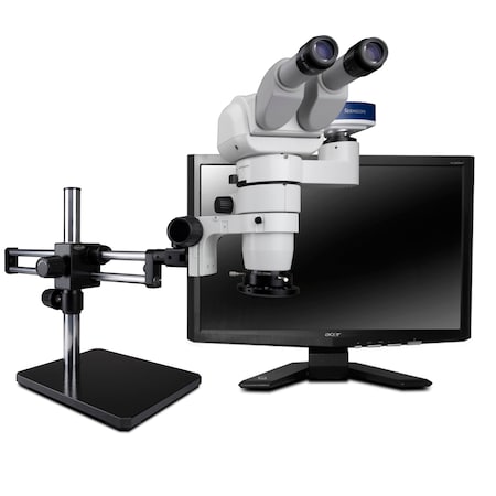 Scienscope Tilting Stereo Zoom Microscope With LED Ring, Camera On Dual Arm Stand CMO-PK10-R3E-E